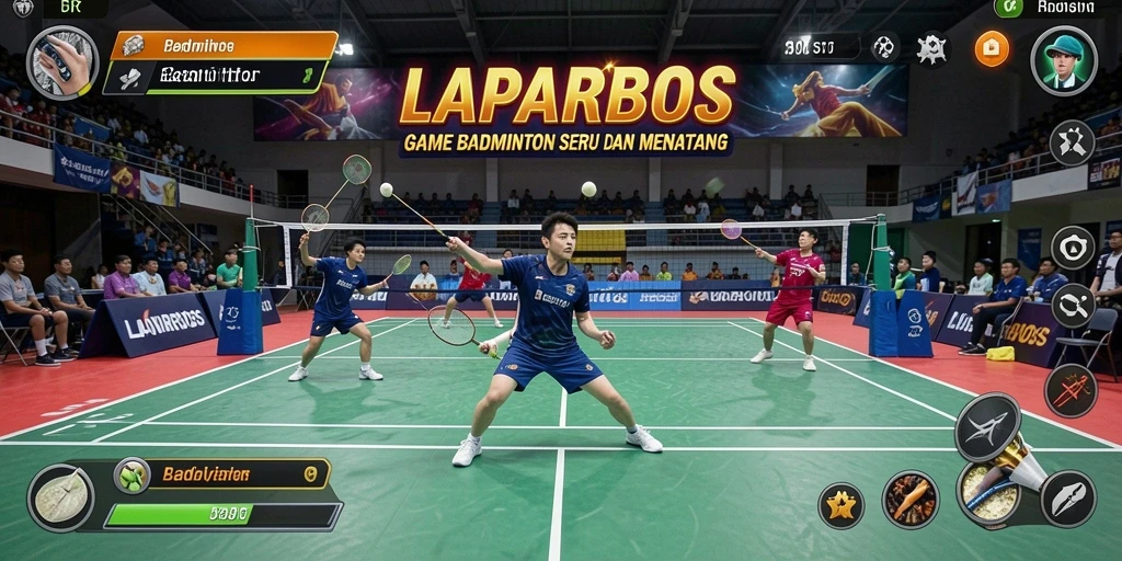 Screenshot utama LAPARBOS menampilkan antarmuka permainan badminton yang menarik.