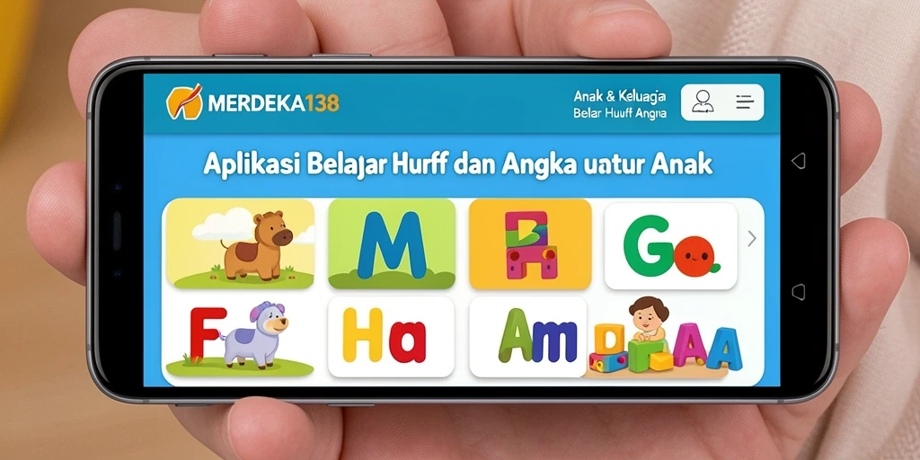 Tampilan antarmuka aplikasi MERDEKA138 untuk belajar huruf dan angka.