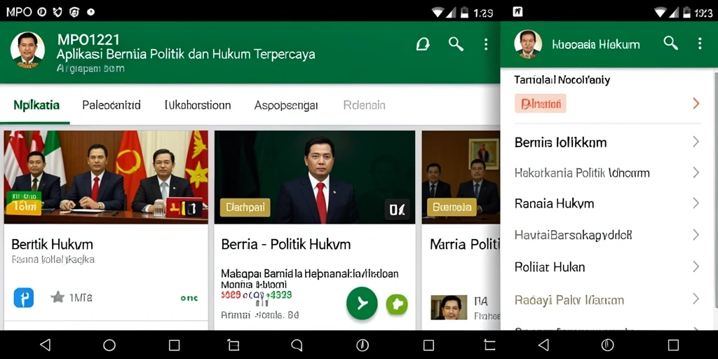 Antarmuka aplikasi MPO1221 untuk berita politik dan hukum.