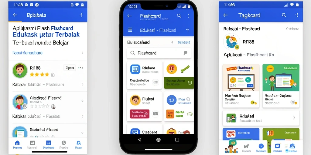 Antarmuka aplikasi RI188 yang interaktif untuk belajar menggunakan flashcard.
