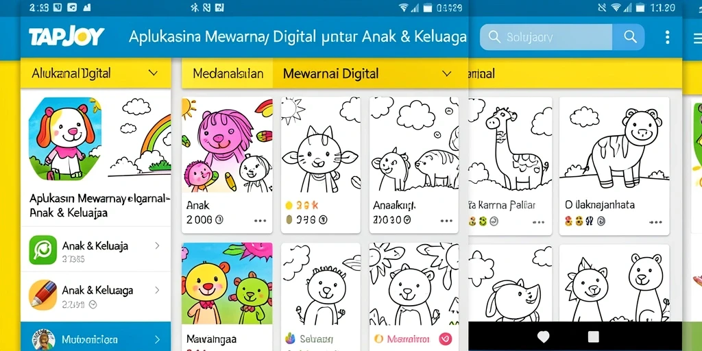 Screenshot TAPJOY menunjukkan antarmuka mewarnai yang ceria dan fungsional.